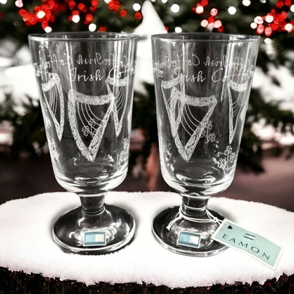 Eamon Irish Coffee Glass Set Pair Stemmed Etched Harp Shamrocks Hand Etched. - Picture 14 of 16